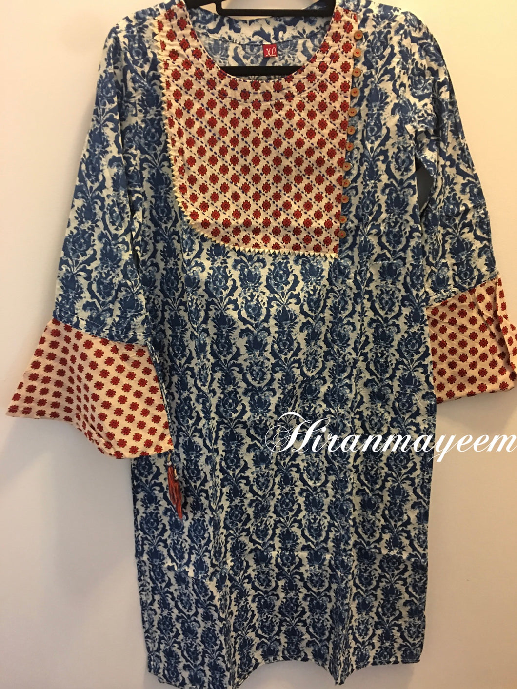 3/4 sleeve cotton kurthi-indigo print -size 44